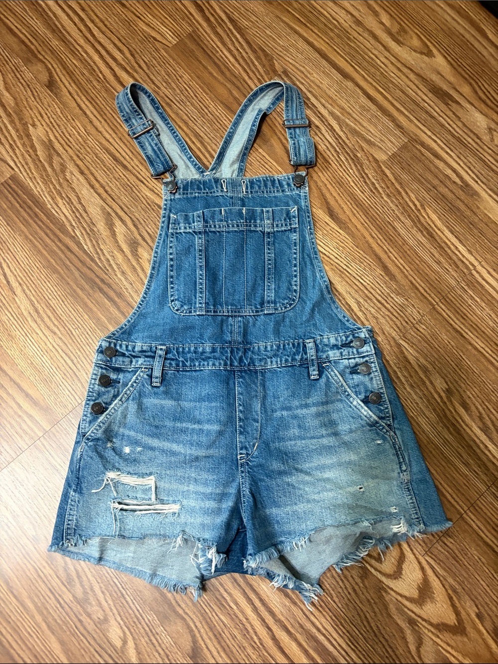 Abercrombie & Fitch Distressed Denim Blue Short Overalls